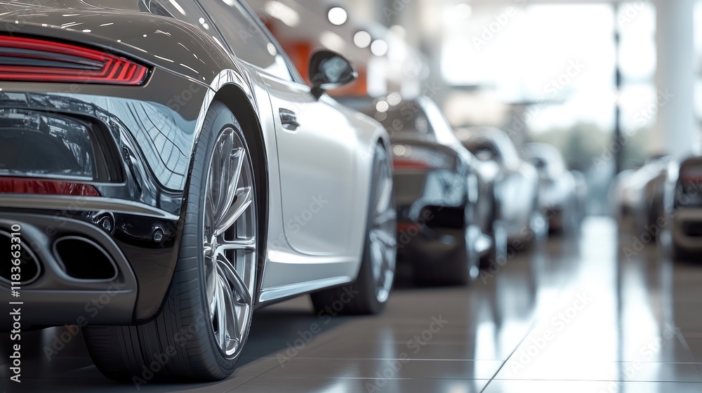 A row of sleek sports cars on display at a car dealership. A row of sleek sports cars on display at a car dealership.