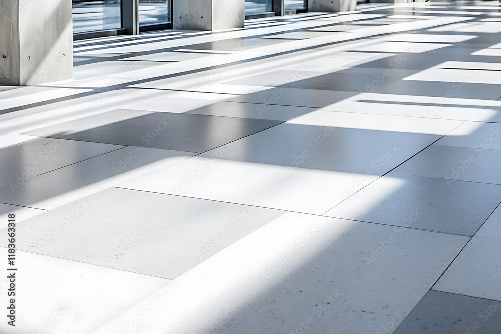 Obraz premium Sunlight streams through modern office windows onto geometric floor tiles