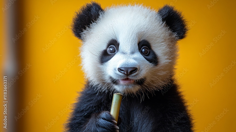 Fototapeta premium In a warm, cheerful setting, a baby panda radiates joy while holding a piece of bamboo. Its playful spirit and infectious laughter create a heartwarming atmosphere that captivates everyone