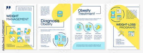 Overweight treatment blue and yellow brochure template. Calories calculating, nutrition. Leaflet design with linear icons. Editable 4 vector layouts. Questrial, Lato-Regular fonts used