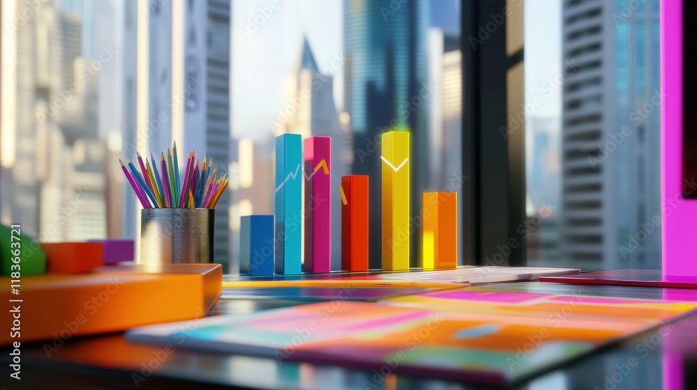 a vibrant financial business concept featuring colorful bar graphs and intricate data charts on a sleek office desk a vibrant financial business concept featuring colorful bar graphs and intricate data charts on a sleek office desk