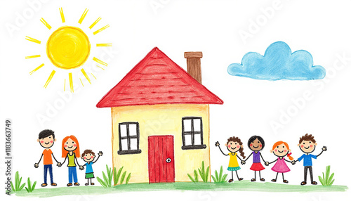 Family holding hands in front of a colorful house