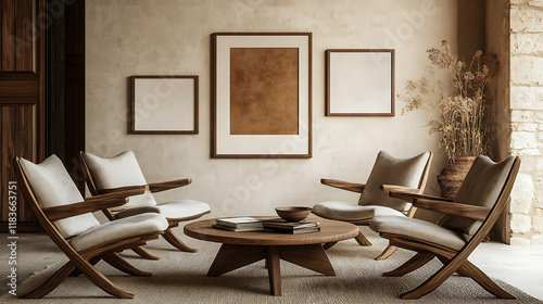 Lounge chairs and round wooden coffee table against of beige wall with mock up poster frames, mid century interior design of modern living room