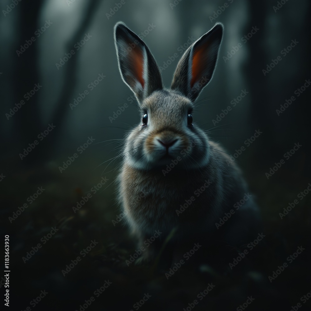 Fototapeta premium Cute Grey Rabbit in Dark Forest Setting