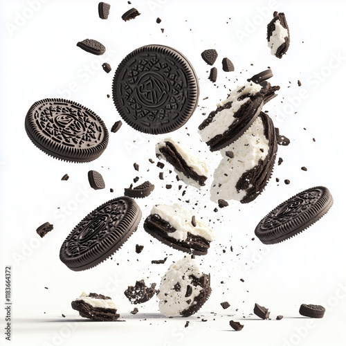 Oreo cookies flying in the air, broken pieces of them floating around photo