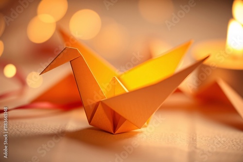 A beautifully crafted orange origami crane sits peacefully on a table. Soft candlelight reflects warmth, creating a serene atmosphere perfect for relaxation or meditation photo