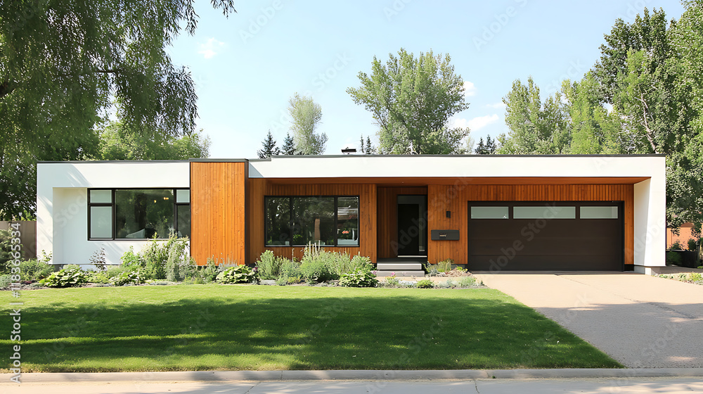Modern ranch style minimalist cubic house with terrace and landscaping design front yard, residential architecture exterior Modern ranch style minimalist cubic house with terrace and landscaping design front yard, residential architecture exterior