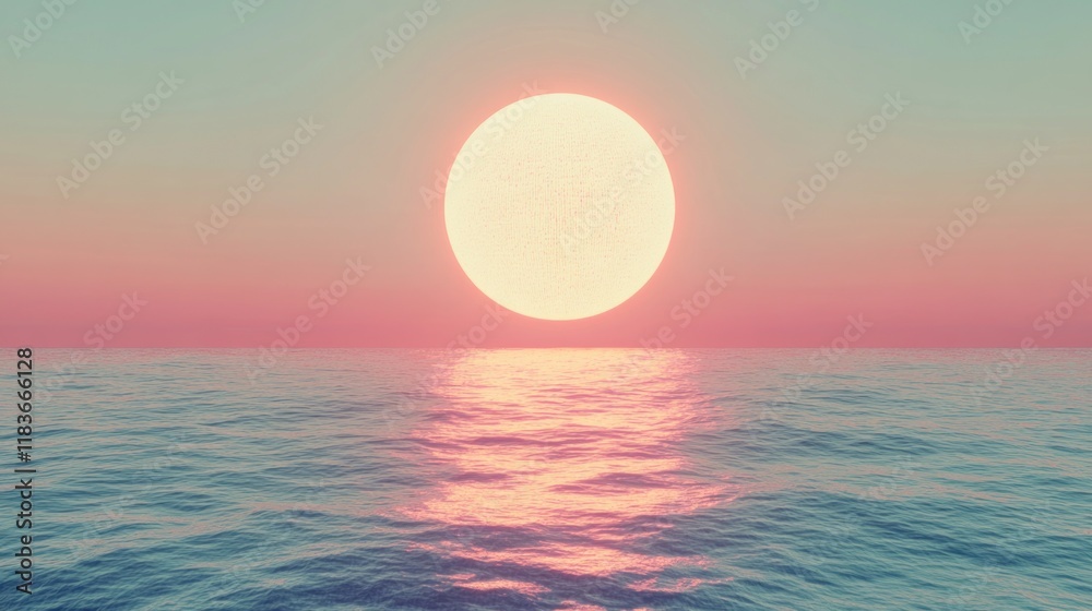 A large, bright sun sets over a calm, blue ocean with a pink sky. A large, bright sun sets over a calm, blue ocean with a pink sky.