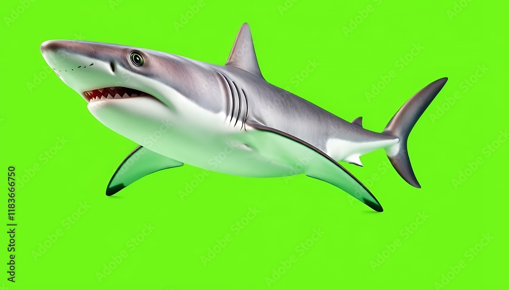 Fototapeta premium Powerful Shark Isolated on Green Screen Background. Marine predator, Oceanic wildlife, Aquatic animal, Dangerous sea creature, Sea life photography, Natural world image, Wildlife conservation