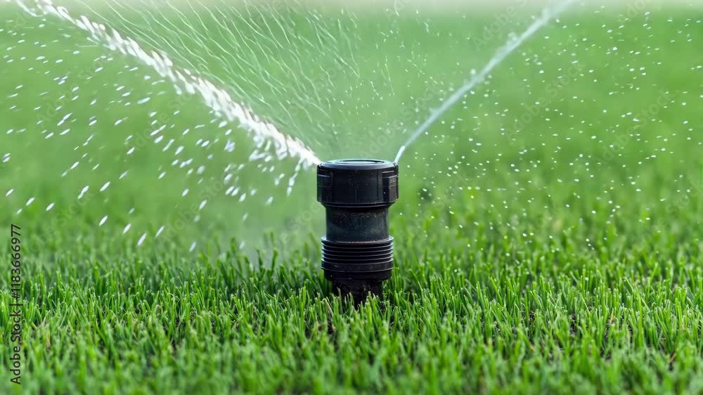 Garden irrigation system spraying water droplets on lush green grass, creating refreshing outdoor scene in summer, while enhancing vibrant colors of lawn.