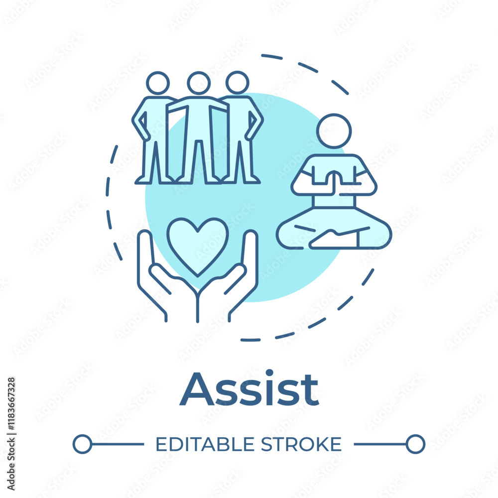 Assist soft blue concept icon. Healthy lifestyle. Friendship, relationship. Meditation, healthcare. Round shape line illustration. Abstract idea. Graphic design. Easy to use in infographic Assist soft blue concept icon. Healthy lifestyle. Friendship, relationship. Meditation, healthcare. Round shape line illustration. Abstract idea. Graphic design. Easy to use in infographic