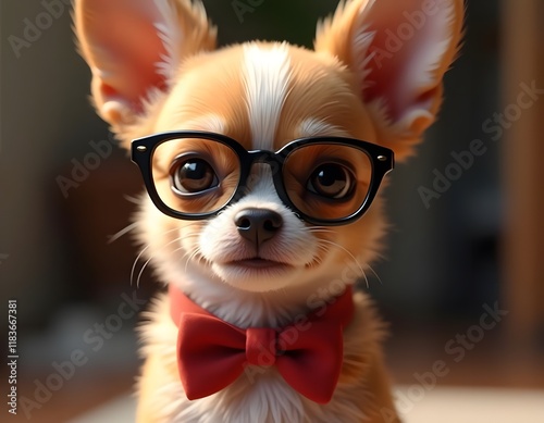 Adorable Chihuahua Puppy in Glasses and Bow Tie: A Whimsical Portrait photo