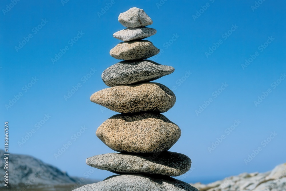A carefully arranged rock stack contrasts with a bright blue sky representing harmony and adventure A carefully arranged rock stack contrasts with a bright blue sky representing harmony and adventure