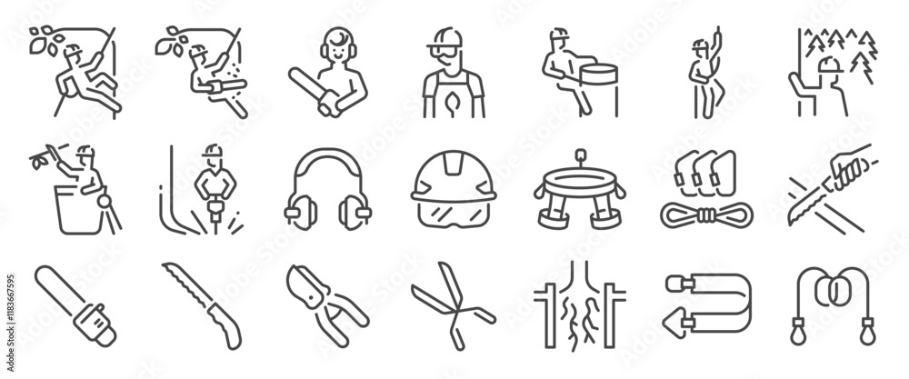 Arborist icon set. It included contexts such as cutting, plant, tree, career, specialist and more. Editable Vector Stroke. Arborist icon set. It included contexts such as cutting, plant, tree, career, specialist and more. Editable Vector Stroke.