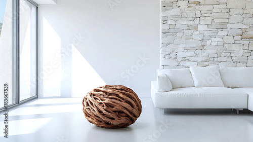 Rustic root ball coffee table near white sofa against white wall with decorative stone paneling, minimalist style interior design of modern living room photo