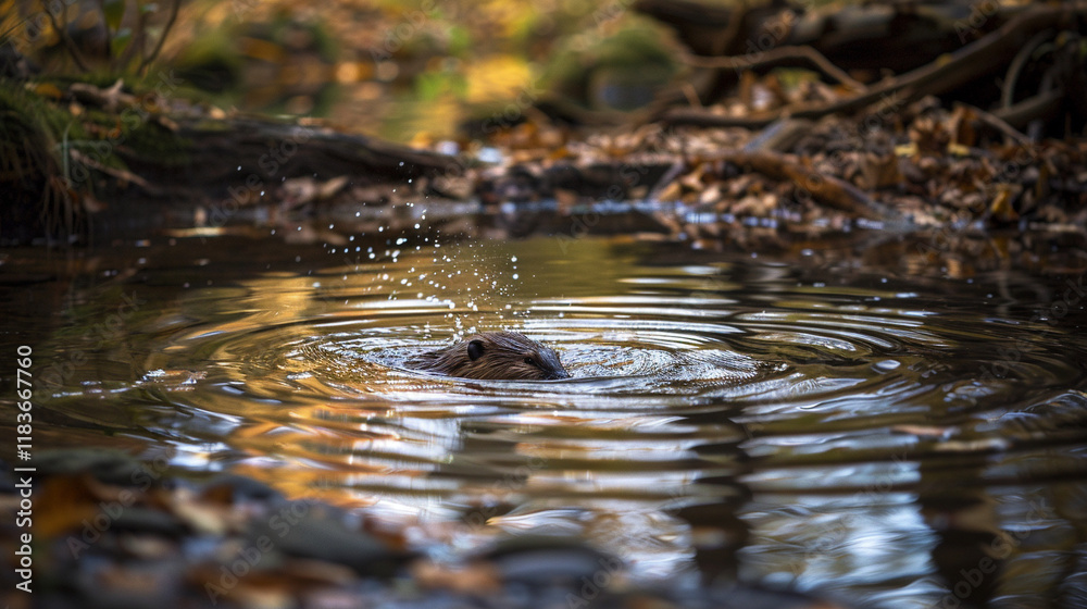 Fototapeta premium A beaver constructing a dam in a quiet woodland stream, with water ripples creating soft highlights