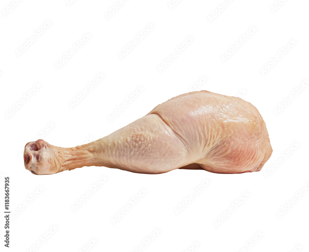 A raw chicken leg, perfectly shaped and with the skin in place, resting on an empty white surface against a clean background A raw chicken leg, perfectly shaped and with the skin in place, resting on an empty white surface against a clean background