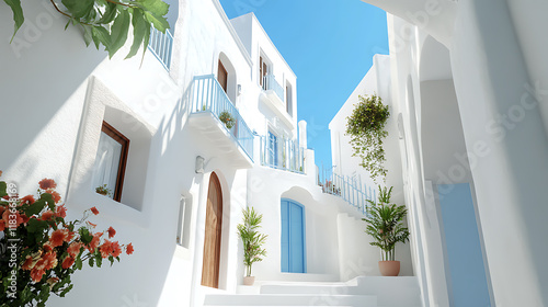 Fototapeta Naklejka Na Ścianę i Meble -  Traditional mediterranean white house, summer architectural background with blue sky