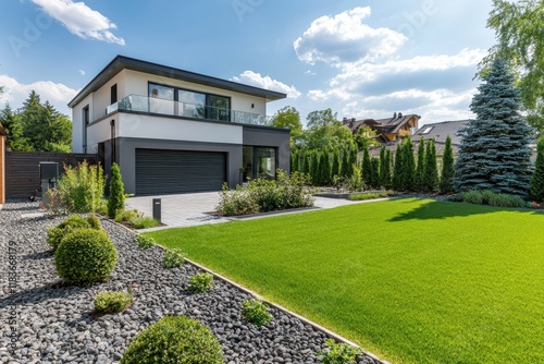 A contemporary anthracite fence with a sliding garage gate and a wicket featuring a mail slot photo