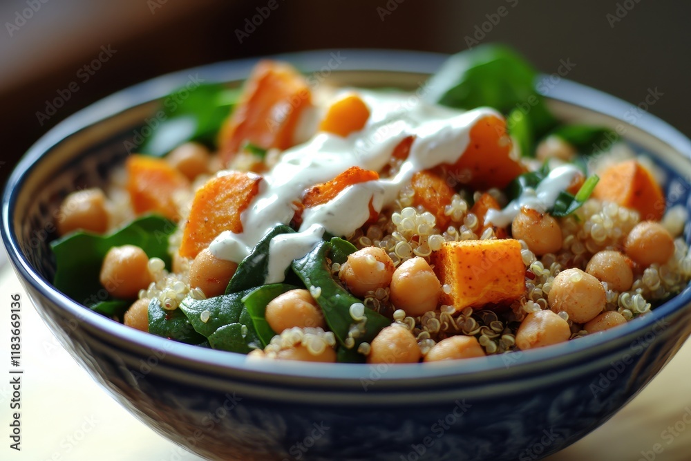 A healthful quinoa salad with spiced chickpeas sweet potato spinach and yogurt dressing A healthful quinoa salad with spiced chickpeas sweet potato spinach and yogurt dressing