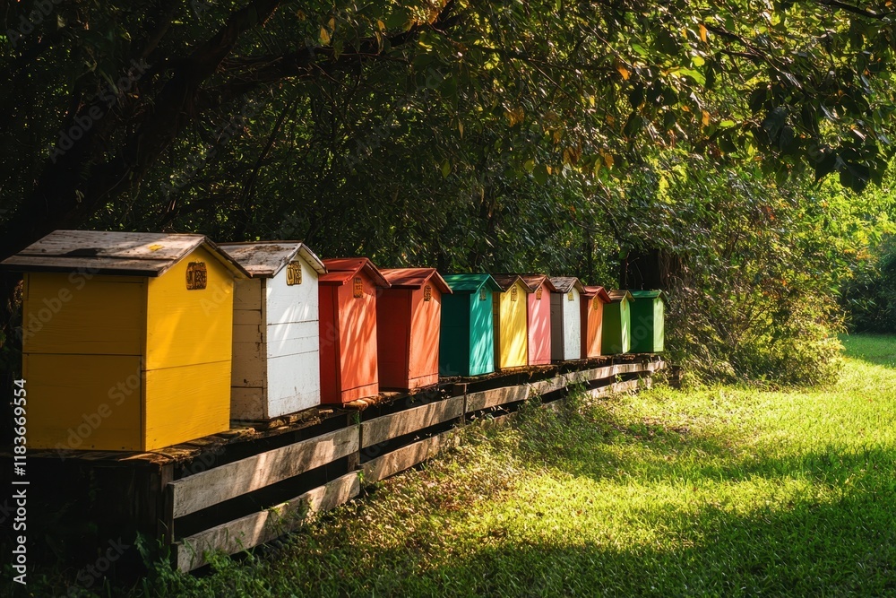 A line of vibrant beehives rests by a wooden fence in a grassy tree shaded spot