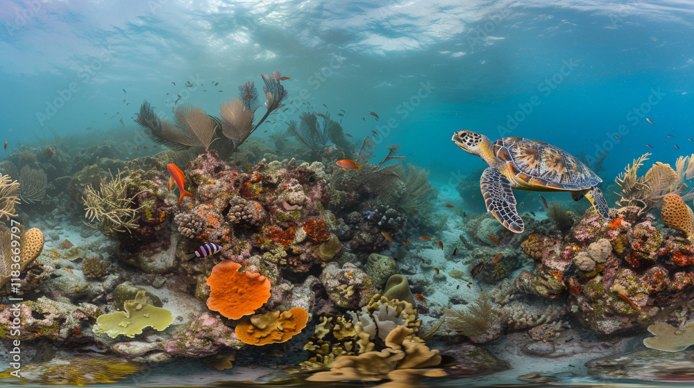 Fototapeta premium A sea turtle gliding over a coral reef in the Florida Keys, colorful corals and fish softly blurred in the background