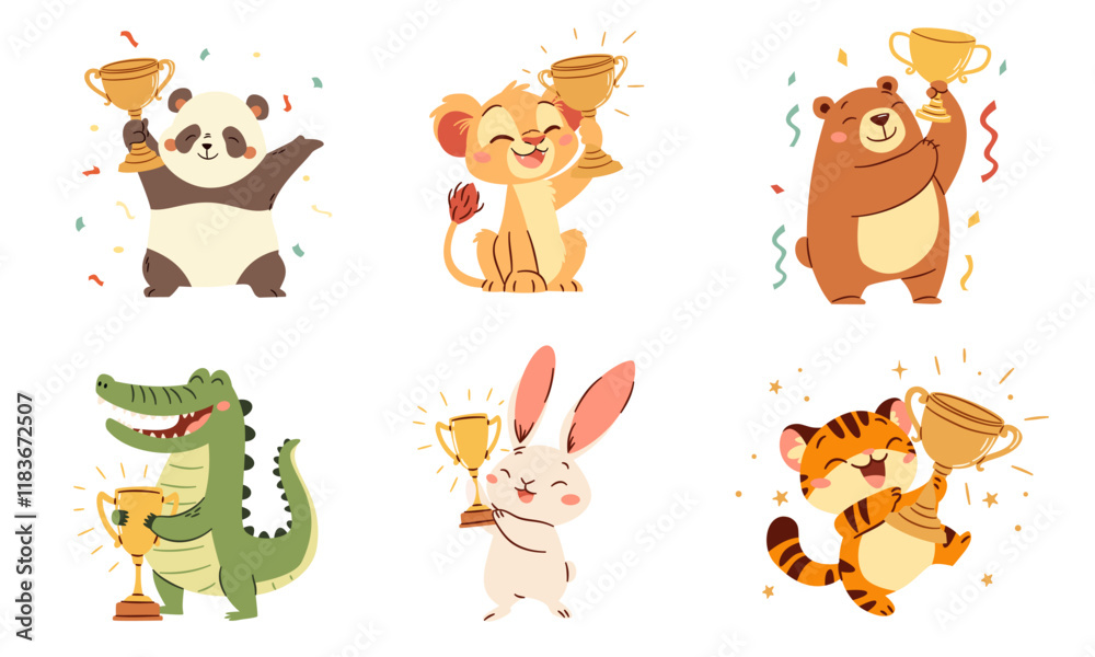 Naklejka premium Cute animal winners, panda bunny crocodile tiger lion and bear rejoice and hold winner's cups, confetti. Set of flat vector illustrations in simple children's style on white background . Vector