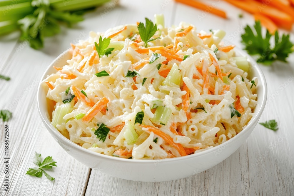 A vertical close up of macaroni salad featuring shredded carrots celery spring onions and mayo in a white bowl on a wooden table A vertical close up of macaroni salad featuring shredded carrots celery spring onions and mayo in a white bowl on a wooden table