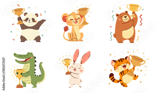 Cute animal winners, panda bunny crocodile tiger lion and bear rejoice and hold winner's cups, confetti. Set of flat vector illustrations in simple children's style on white background . Vector