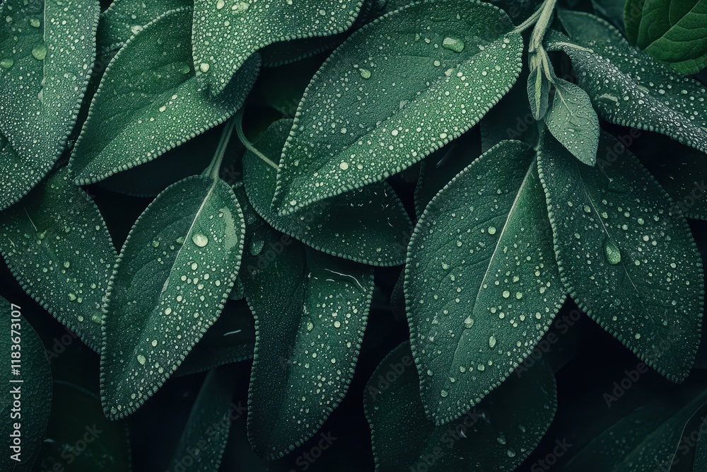 Fototapeta premium Abstract background of green sage leaves with water droplets fresh and macro flat lay