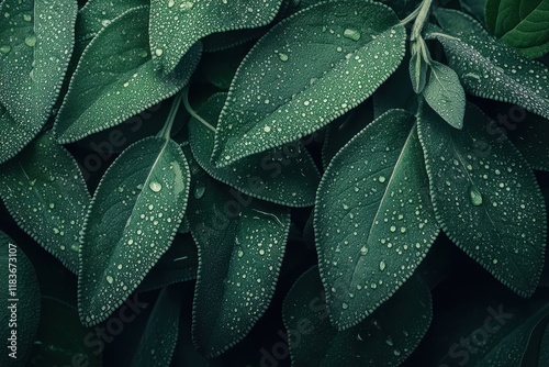 Abstract background of green sage leaves with water droplets fresh and macro flat lay photo