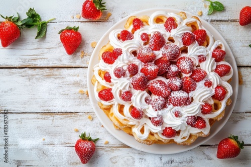 Aerial shot of strawberry funnel cake on white wooden surface Classic summer festival dessert photo