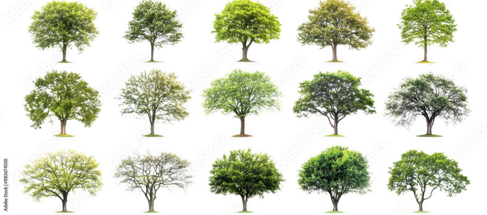Fototapeta premium collection of diverse green trees isolated on transparency background, showcasing various shapes and foliage types. Ideal for design projects or educational purposes, highlighting nature beauty