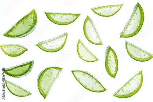 Aloe vera leaves and slices are featured against a white background for health and beauty products photo