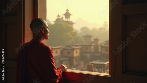 Minimalist photo of Prince Gautama peering through a palace window at villagers below, morning light highlighting his contemplative expression. Buddha, Buddhism, Birth and early years of the Buddha,