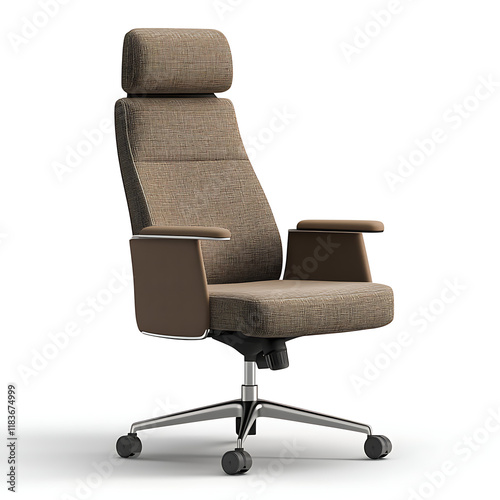 A swivel executive office chair with a padded headrest and lumbar support on a transparent background, high-resolution 3D render, ergonomic design,   photo