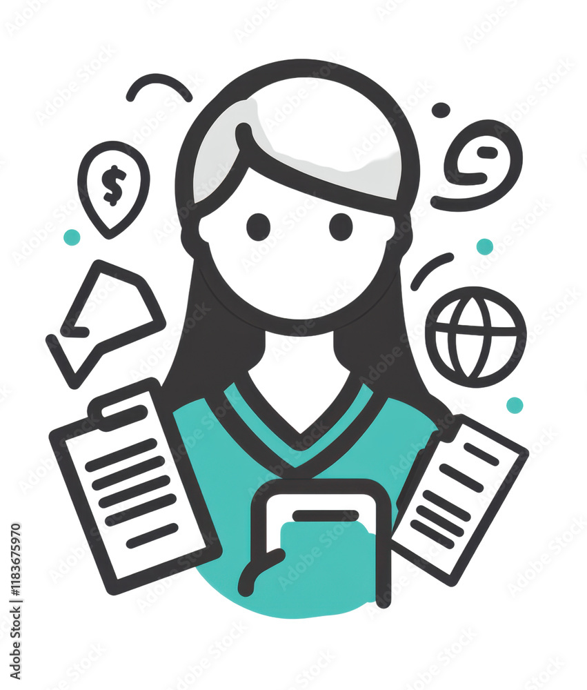 flat illustration of person with phone, surrounded by icons representing communication, documents, and global connectivity, conveying sense of modern digital interaction flat illustration of person with phone, surrounded by icons representing communication, documents, and global connectivity, conveying sense of modern digital interaction