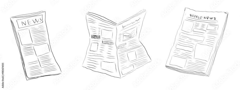 Obraz premium Fresh newspaper hand drawn doodle, latest news, contour drawing, latest publishing. Sketchy news paper stack, local or world news.