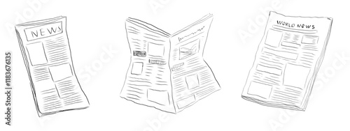 Fresh newspaper hand drawn doodle, latest news, contour drawing, latest publishing. Sketchy news paper stack, local or world news.