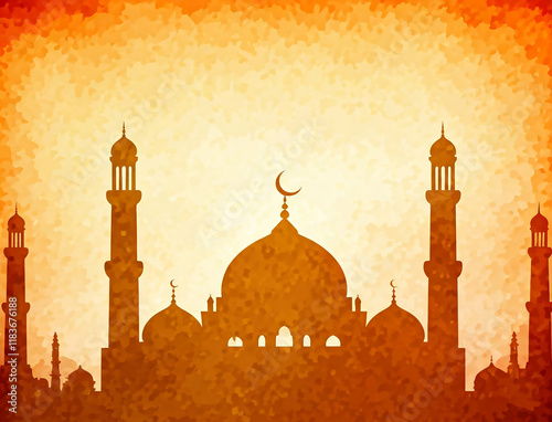 Silhouette of an Islamic mosque against a vibrant orange background. Generative AI.