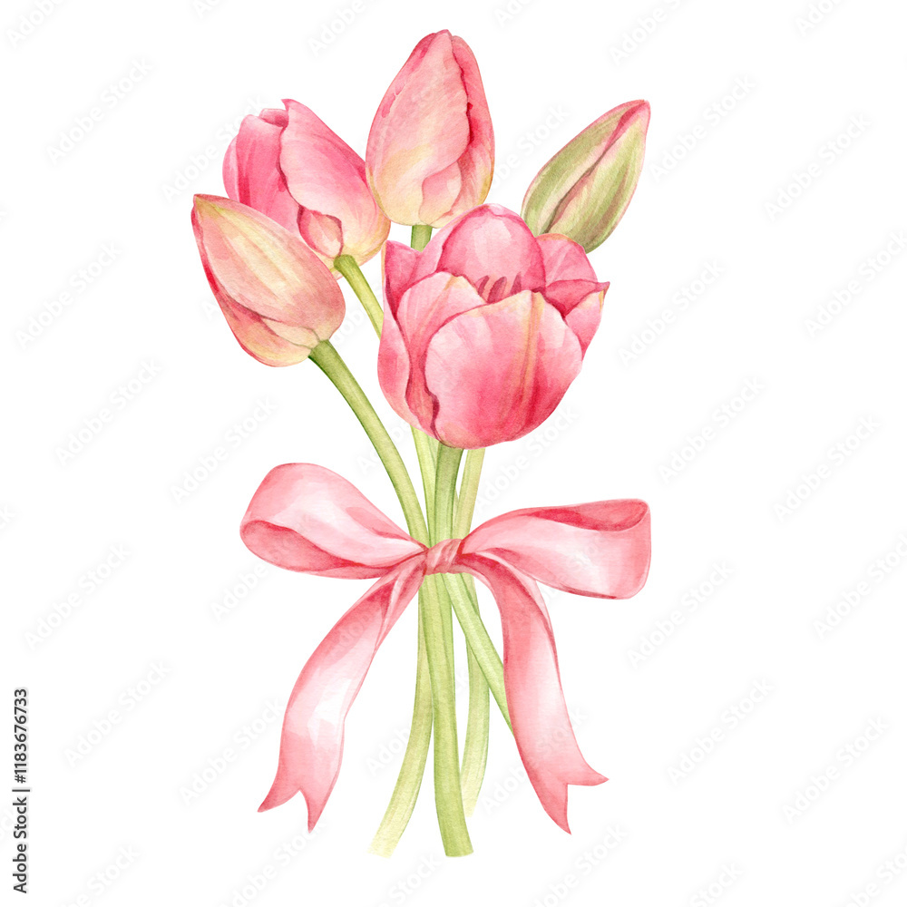 Bouquet of tulips with bow Watercolor illustration isolated from background. Pink pastel tulips for making cards, tags, patterns and other designs Bouquet of tulips with bow Watercolor illustration isolated from background. Pink pastel tulips for making cards, tags, patterns and other designs