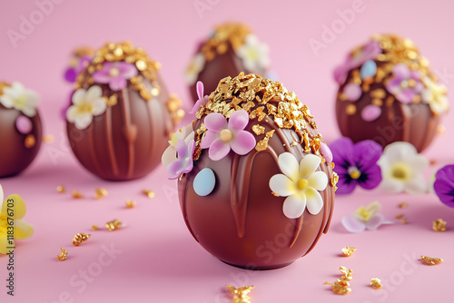 Delicious and visually stunning chocolate Easter eggs decorated with a variety of colorful mini chocolate eggs, edible flowers, and crunchy golden flakes. The eggs are drizzled with a smooth chocolate photo