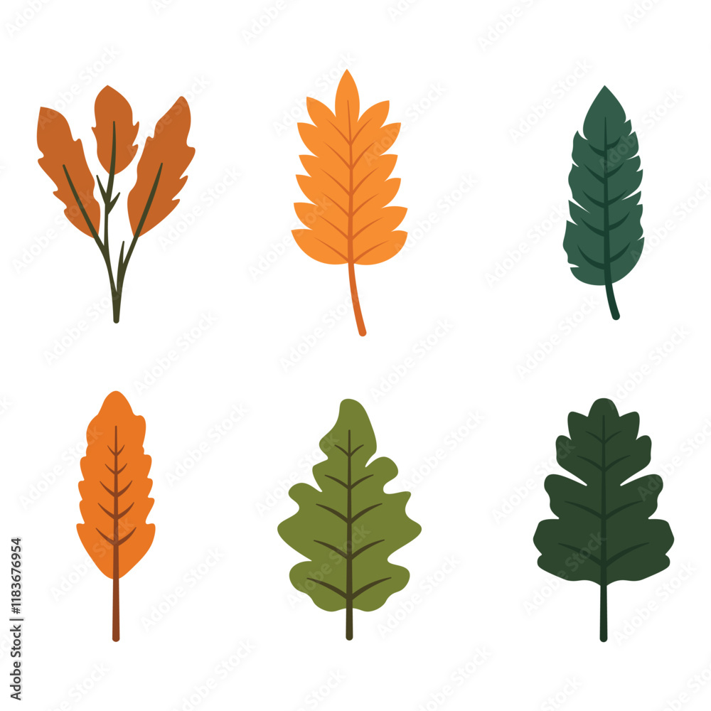Fototapeta premium Element Set of Green Orange Leaf Leaves Foliage Natural Plant in Autumn Fall Season