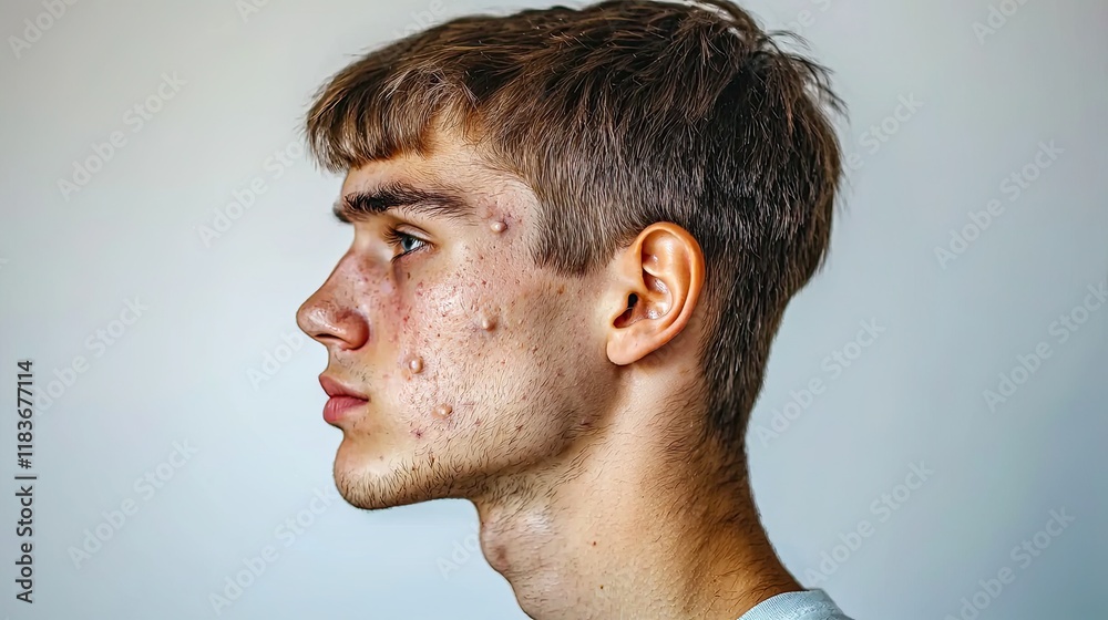Obraz premium Young man showing skin problems with acne and pimples