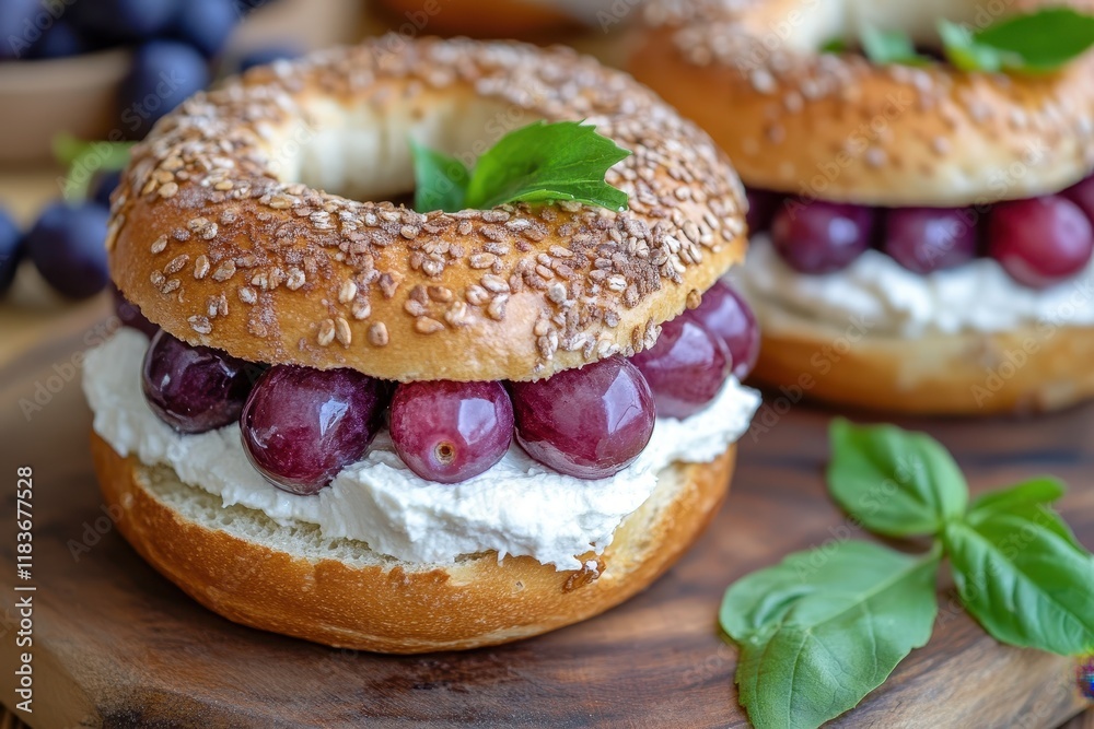 Bagel sandwich with homemade grape and cream cheese wrapped in tea leaves for a tasty breakfast Bagel sandwich with homemade grape and cream cheese wrapped in tea leaves for a tasty breakfast