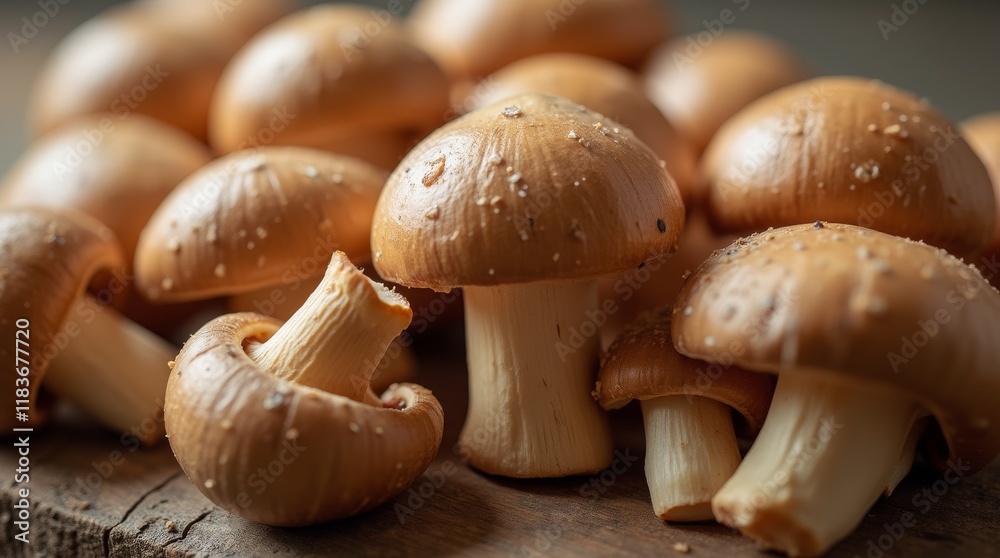 Close-up of fresh brown mushrooms sprinkled with salt on a wooden surface. Rustic food photography concept Close-up of fresh brown mushrooms sprinkled with salt on a wooden surface. Rustic food photography concept