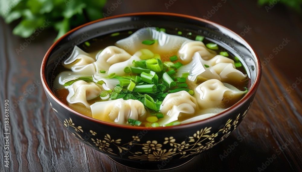 Authentic Chinese Wonton Soup in a Decorative Bowl with Fresh Green Onions Authentic Chinese Wonton Soup in a Decorative Bowl with Fresh Green Onions