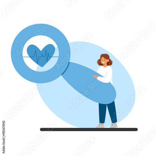 Woman holding a giant magnifying glass with a heart and ECG line inside. Healthcare, cardiology, heart disease prevention