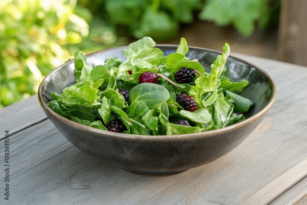 Berry topped green salad on a wood surface Berry topped green salad on a wood surface
