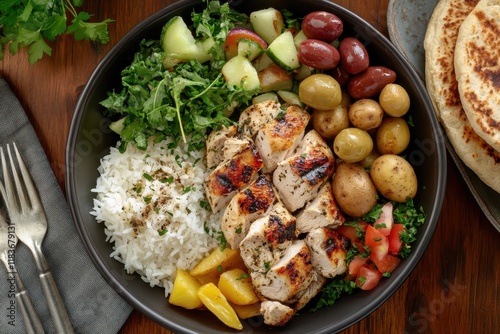 Bird s eye view of a rustic table featuring a Greek dish with chicken souvlaki rice roasted potatoes salad pita and olives showcasing classic Mediterranean fla photo